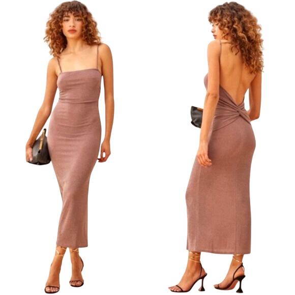 Reformation Breslin Metallic Knit Midi Dress Latte Sparkle Medium - Picture 1 of 11
